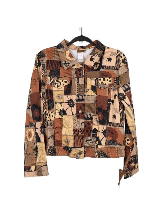Suzette Jackets & Blazers - Suzette Safari Button Up Jacket Shirt M New Patchwork Brown Elephant Giraffe